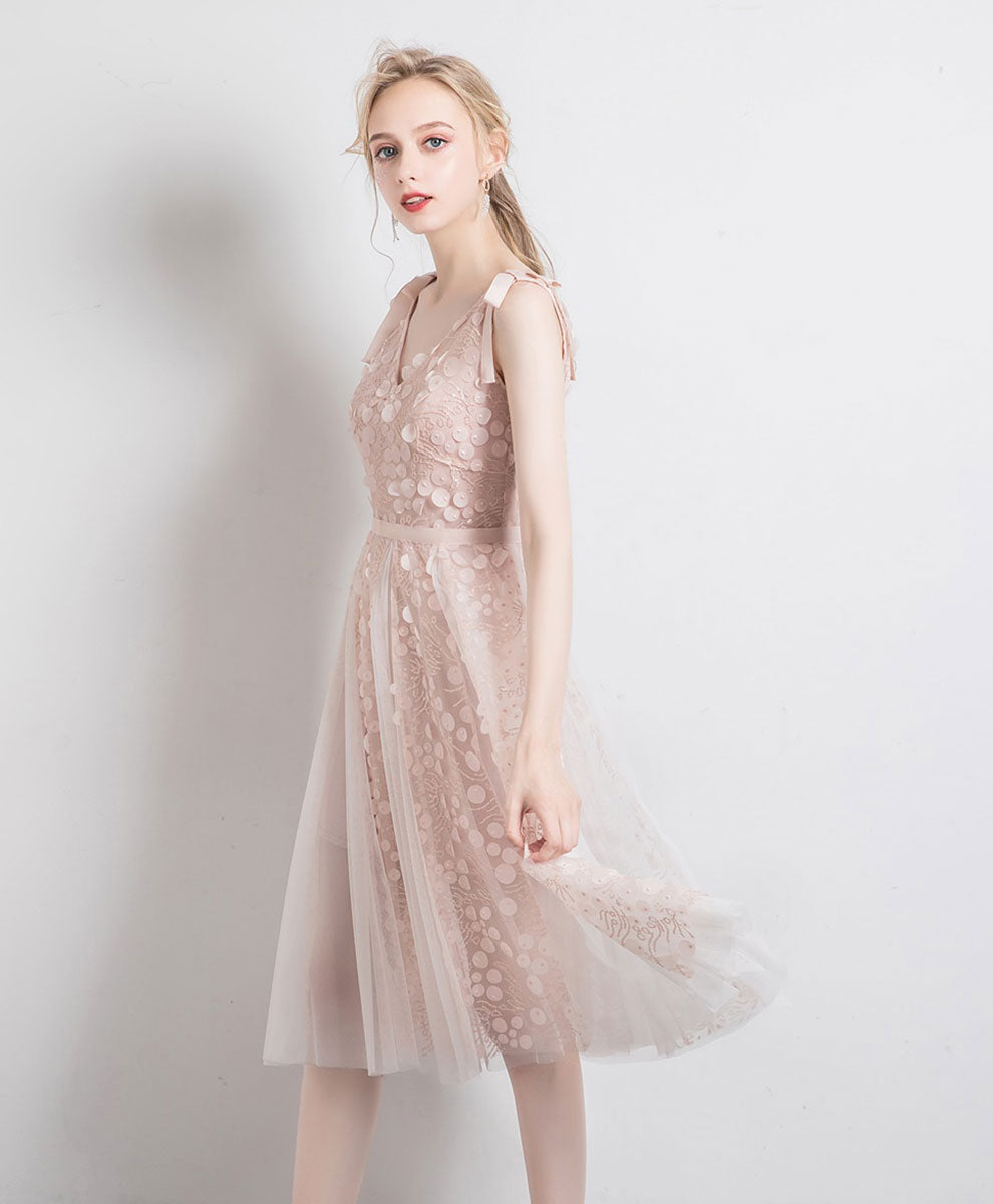 A-Line V-Neck Knee-Length Blush Tulle Lace Homecoming Dress with Textured Dot Overlay