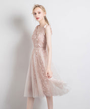 A-Line V-Neck Knee-Length Blush Tulle Lace Homecoming Dress with Textured Dot Overlay