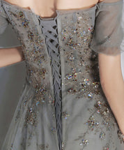 A-Line Smoke Gray Off-the-Shoulder Sweetheart Floor-Length Tulle Sequin Lace Prom Dress with Soft Tulle Sleeves