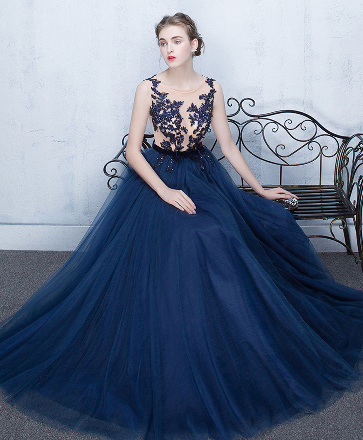 A-Line Illusion Neck Floor-Length Tulle & Lace Prom Dress with Appliqué Bodice