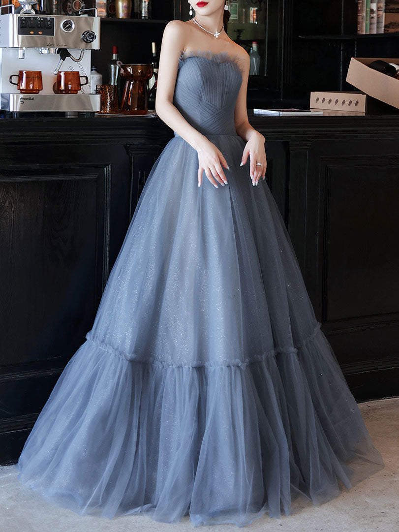 A-Line Sweetheart Neck Floor-Length Dusty Blue Tulle Prom Dress with Puff Sleeves