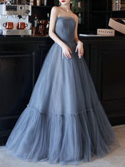 A-Line Sweetheart Neck Floor-Length Dusty Blue Tulle Prom Dress with Puff Sleeves