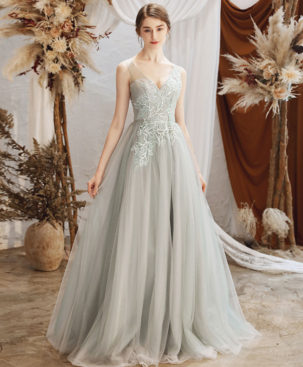 A-Line V-Neck Floor-Length Sage Green Tulle Prom Dress with Delicate Lace Appliqué
