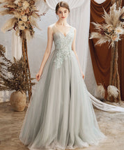 A-Line V-Neck Floor-Length Sage Green Tulle Prom Dress with Delicate Lace Appliqué