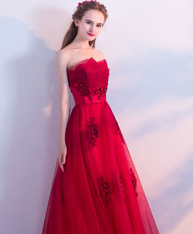 A-line Strapless Floor-Length Tulle Prom Dress with Lace Appliqué