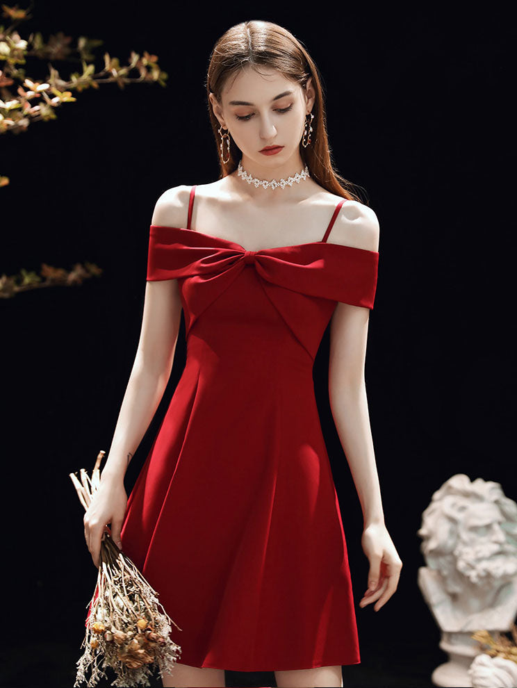 A-Line Sweetheart Knee-Length Red Satin Homecoming Dress with Off-the-Shoulder Straps