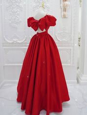 Red A-Line V Neck Floor-Length Satin Prom Dress with Puff Sleeves