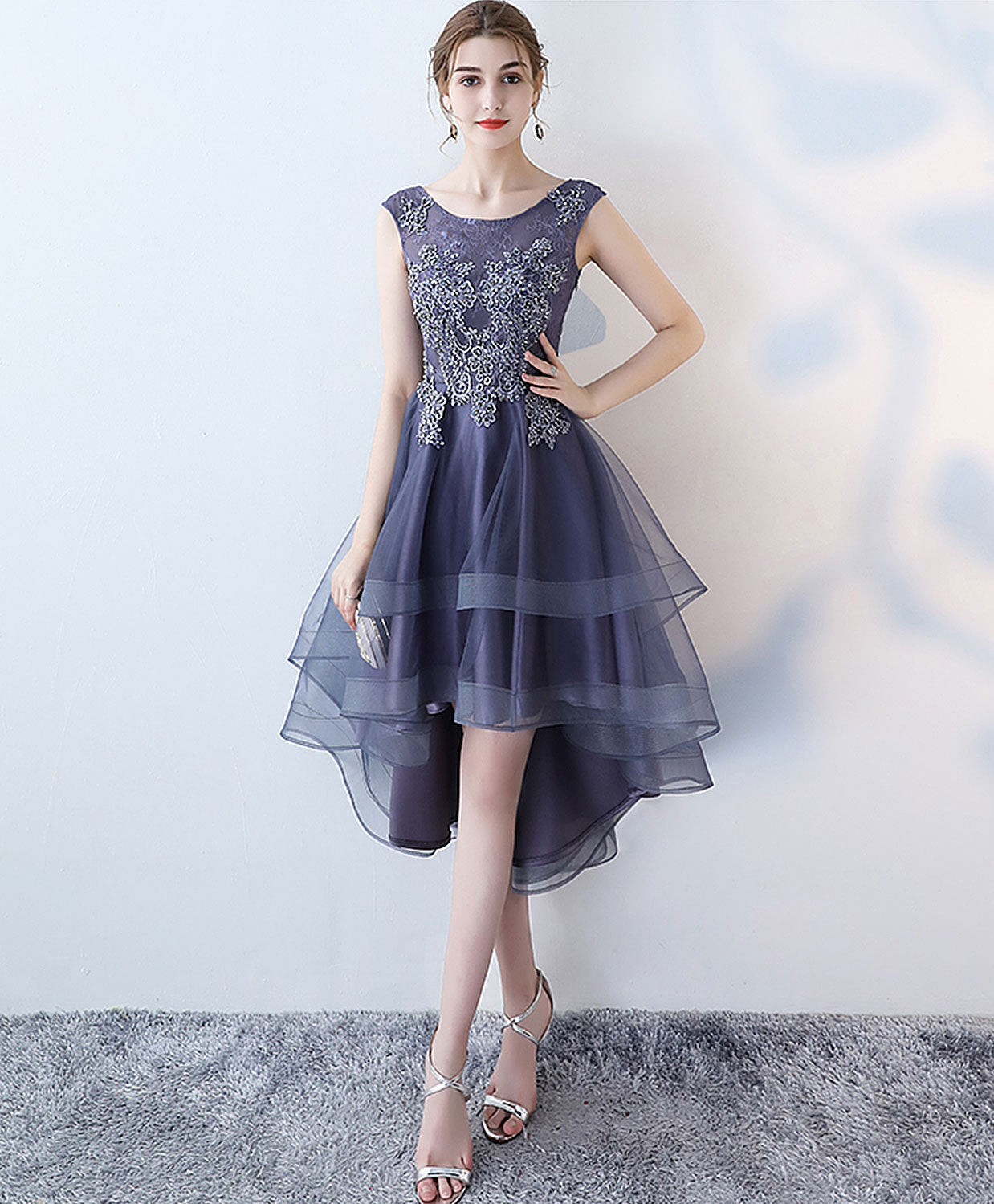 A-Line Sleeveless Scoop Neck High-Low Tulle Homecoming Dress With Beaded Lace Bodice