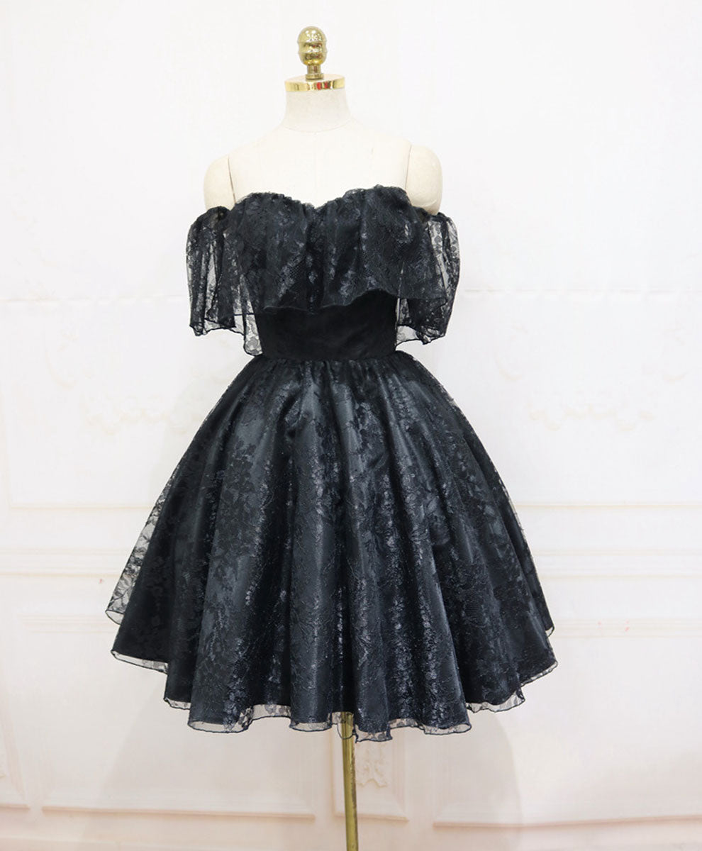 A-Line Off-the-Shoulder Knee-Length Black Tulle Lace Homecoming Dress with Soft Ruffle Overlay