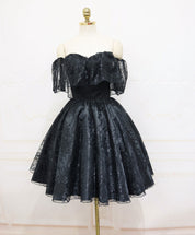 A-Line Off-the-Shoulder Knee-Length Black Tulle Lace Homecoming Dress with Soft Ruffle Overlay