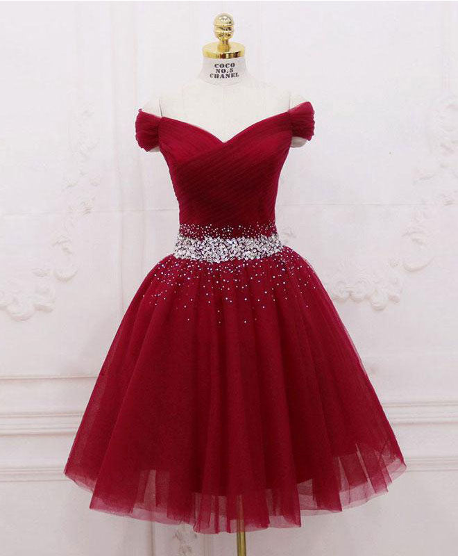 Tulle Off-the-Shoulder Homecoming Dress with Beaded Waist and Sequin Embellishments