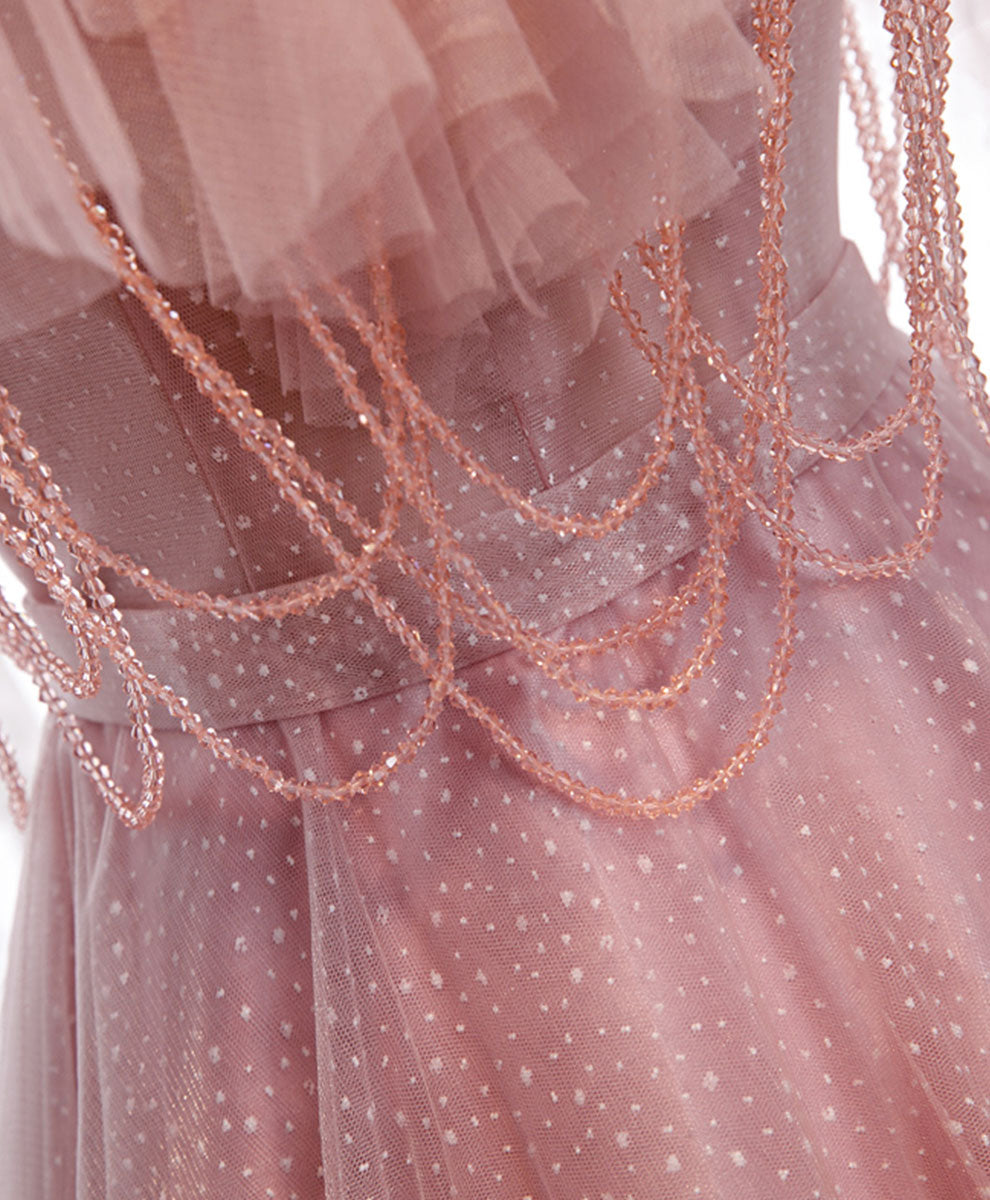 A-Line Blush Pink Spaghetti Straps Floor-Length Tulle Beaded Prom Dress with Ruffled Bodice
