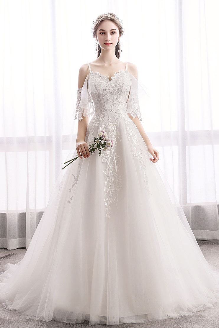 A-Line Sweetheart Neck Floor-Length Ivory Tulle & Lace Appliqué Prom Dress with Cold-Shoulder Sleeves