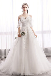 A-Line Sweetheart Neck Floor-Length Ivory Tulle & Lace Appliqué Prom Dress with Cold-Shoulder Sleeves