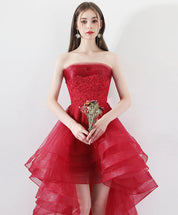 A-Line Strapless High-Low Red Tulle Homecoming Dress with Lace Bodice & Layered Ruffle Skirt