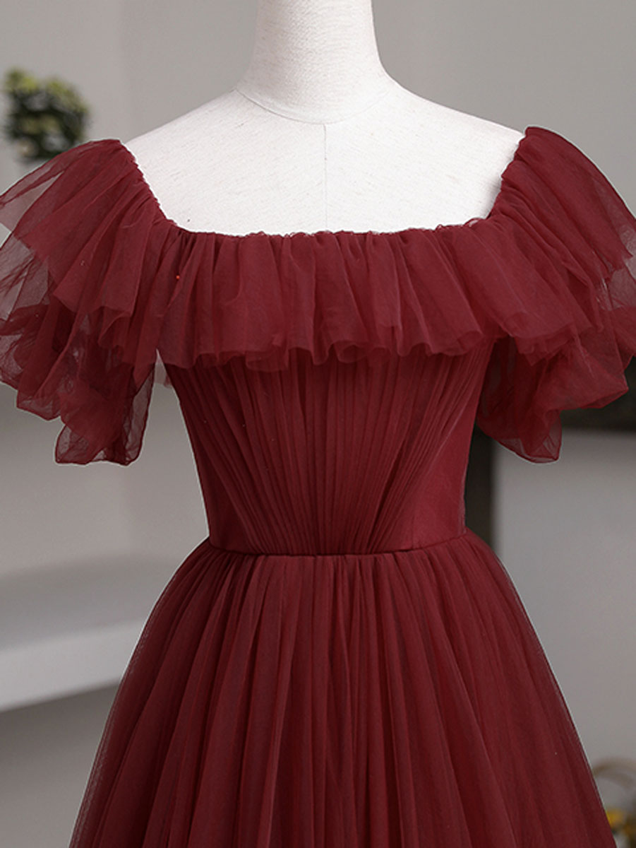 A-Line Off-the-Shoulder Floor-Length Tulle Ruffled Bodice Burgundy Prom Dress