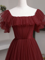 A-Line Off-the-Shoulder Floor-Length Tulle Ruffled Bodice Burgundy Prom Dress