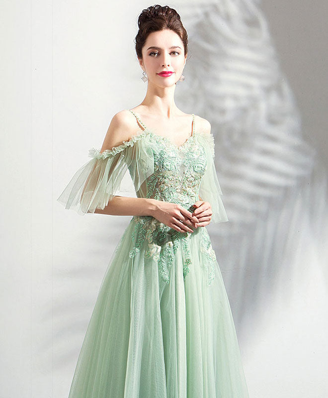 A-Line Off-the-Shoulder Spaghetti Straps Floor-Length Mint Green Tulle & Lace Prom Dress with Appliqué Bodice
