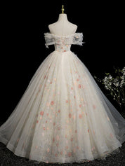 Off-Shoulder Floral Tulle Ball Gown Prom Dress with Corset Bodice