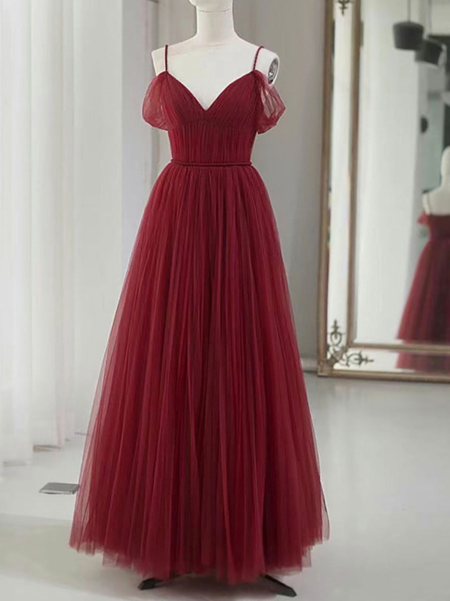 Burgundy A-Line Sweetheart Floor-Length Tulle Prom Dress with Soft Pleated Skirt