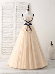 A-line Scoop Neck Floor-Length Tulle Lace Prom Dress with Floral Appliqué and Ribbon Detailing