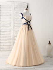 A-line Scoop Neck Floor-Length Tulle Lace Prom Dress with Floral Appliqué and Ribbon Detailing