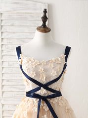 A-line Scoop Neck Floor-Length Tulle Lace Prom Dress with Floral Appliqué and Ribbon Detailing