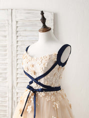 A-line Scoop Neck Floor-Length Tulle Lace Prom Dress with Floral Appliqué and Ribbon Detailing