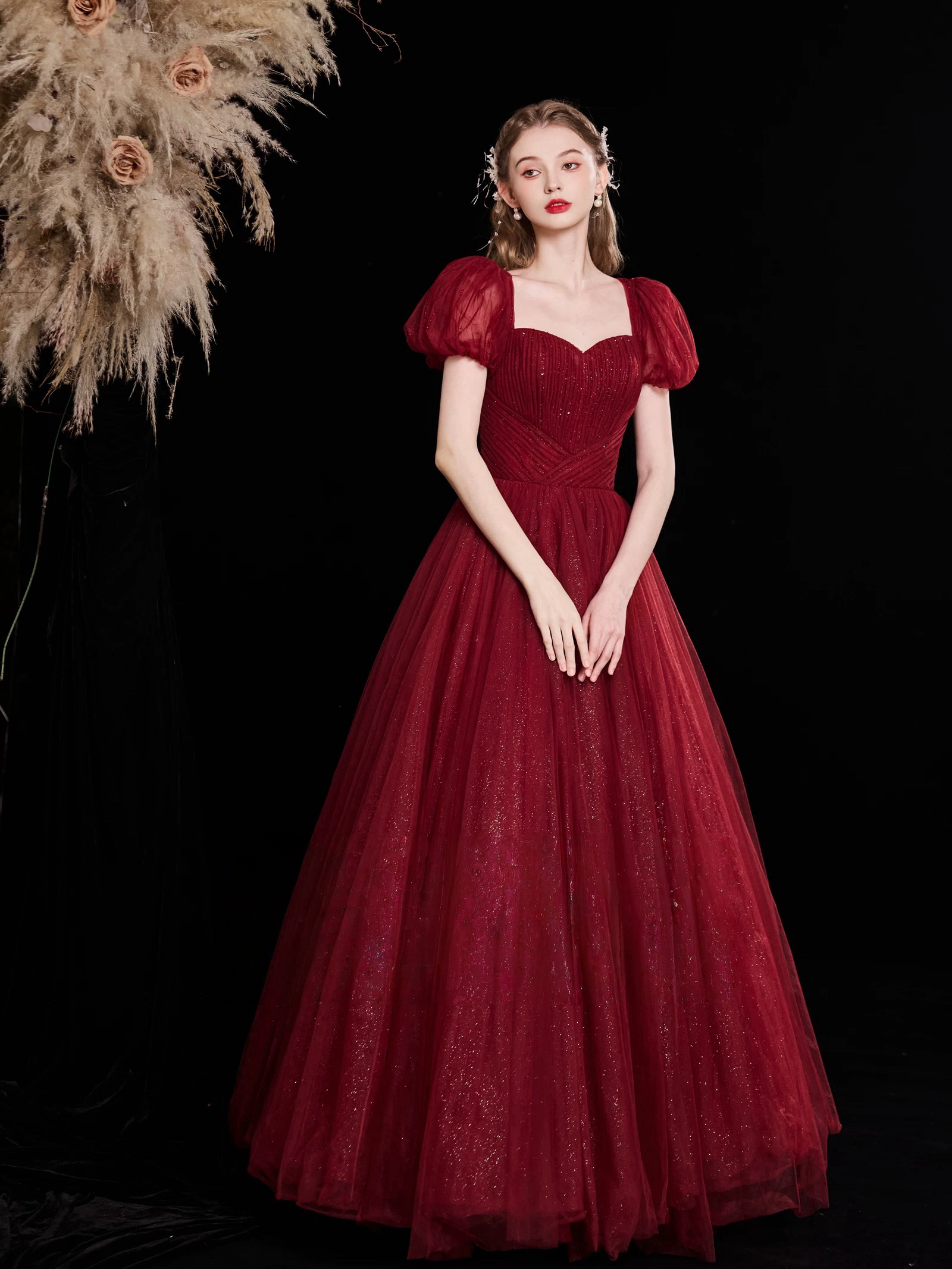 A-Line Sweetheart Neck Floor-Length Burgundy Tulle Prom Dress with Puff Sleeves
