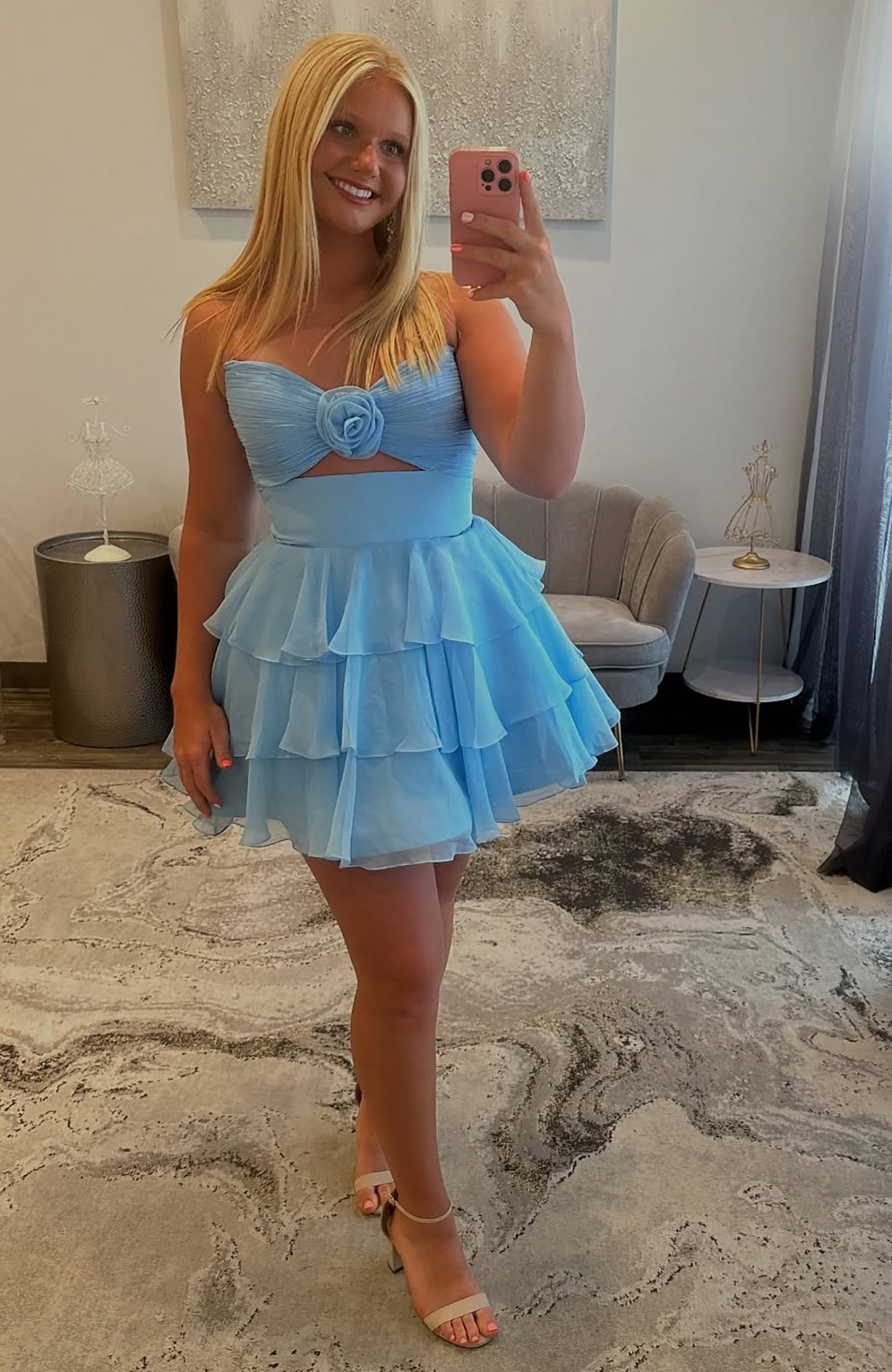 A-Line Sweetheart Neck Short/Mini Chiffon Light Blue Tiered Ruffle Prom Dress