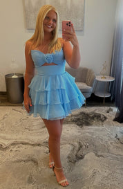 A-Line Sweetheart Neck Short/Mini Chiffon Light Blue Tiered Ruffle Prom Dress