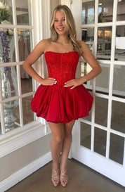 A-Line Strapless Short/Mini Satin Red Homecoming Dress with Beaded Corset Bodice
