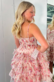 A-Line Sweetheart Spaghetti Straps Short Tulle Pink Floral Homecoming Dress with Tiered Ruffles