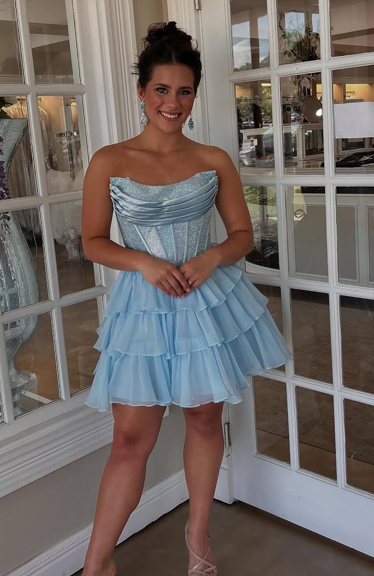 A-Line Straight Neck Short/Mini Black Tulle Homecoming Dress with Beaded Corset Bodice
