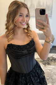 A-Line Sweetheart High-Low Lace Prom Dress in Black with Tiered Skirt and Corset Bodice