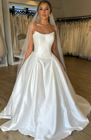 Ball Gown Scoop Neck Floor-Length Satin Prom Dress with Clean Pleated Skirt