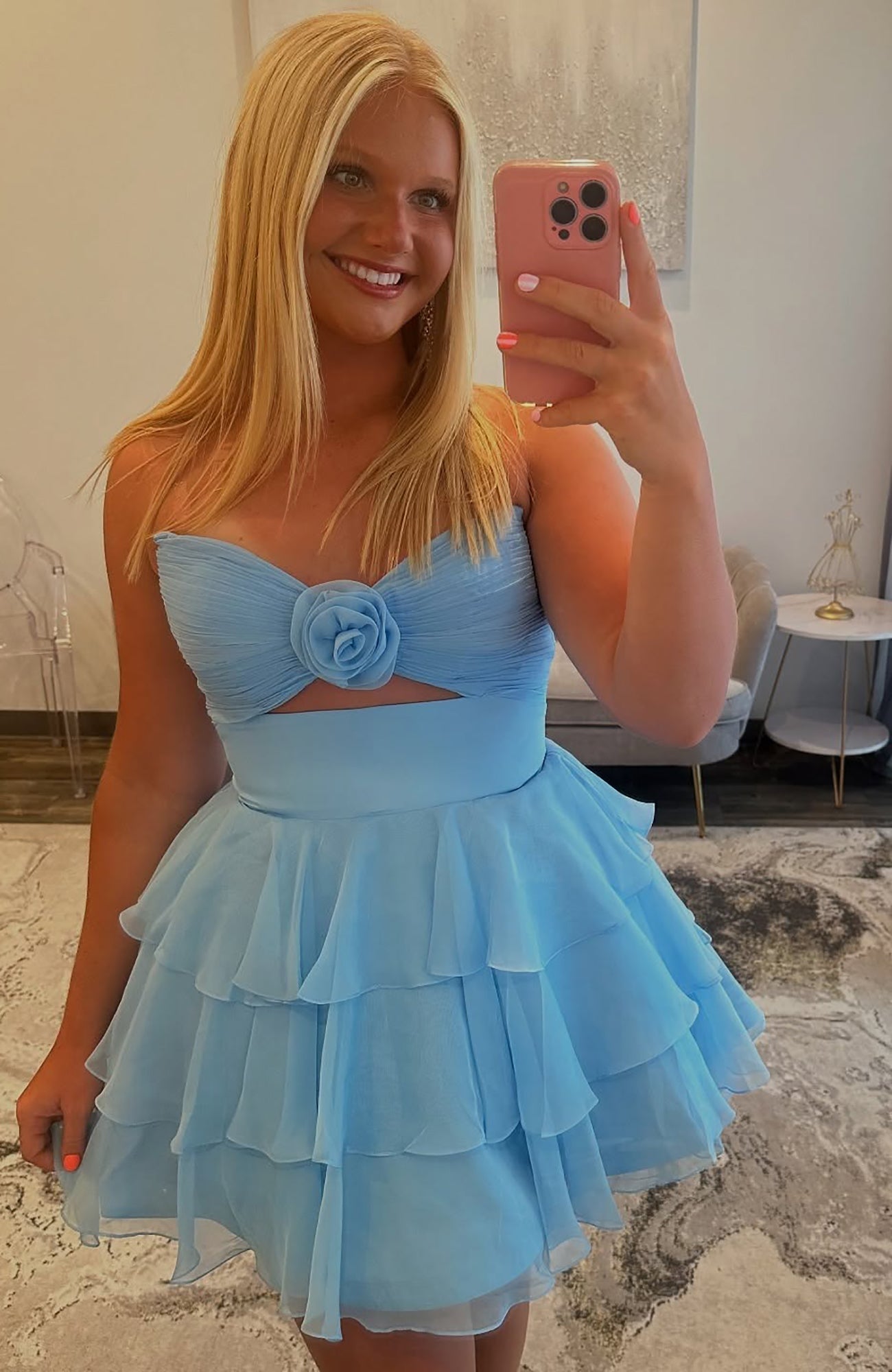 A-Line Sweetheart Neck Short/Mini Chiffon Light Blue Tiered Ruffle Prom Dress