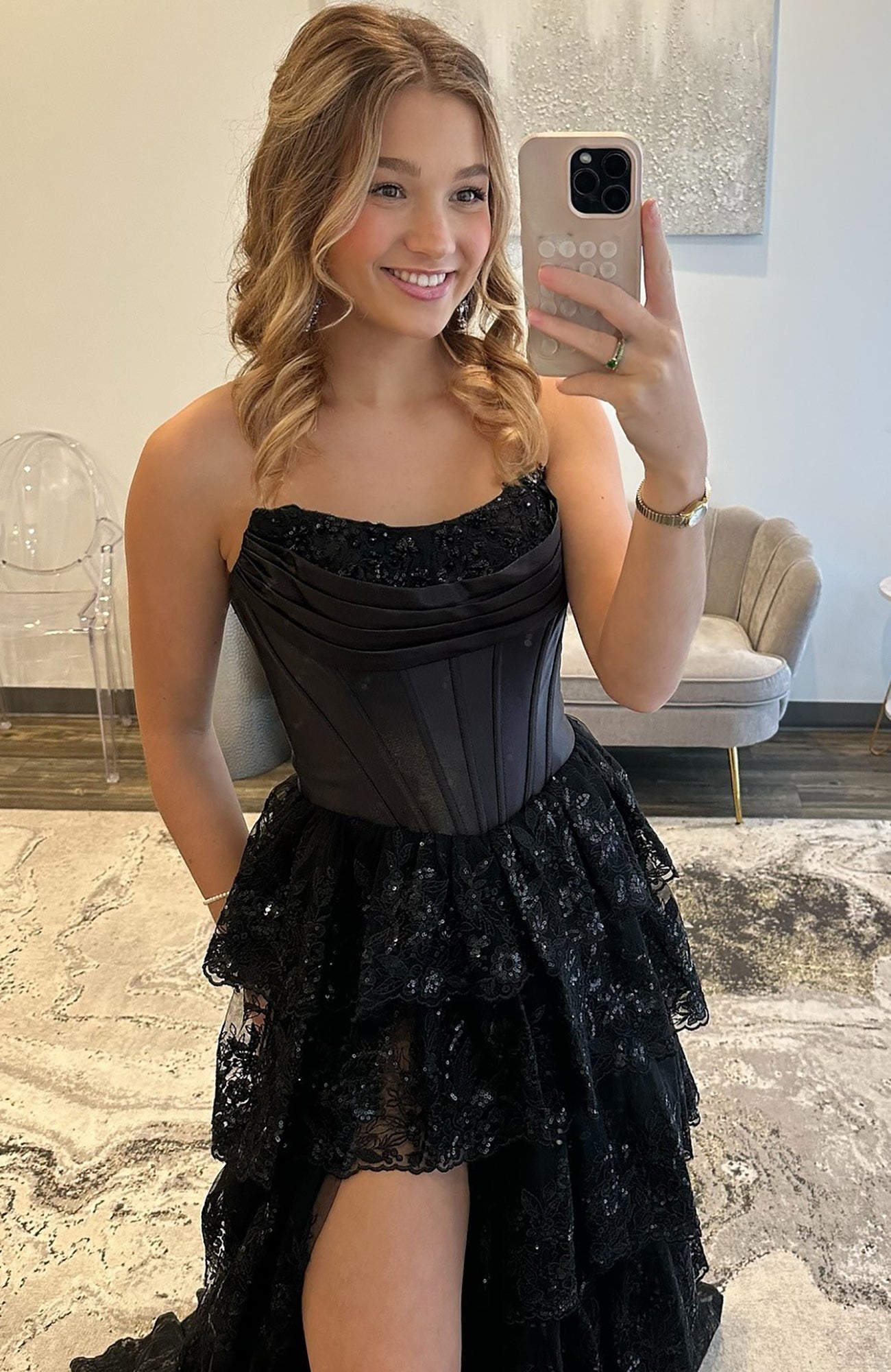 A-Line Sweetheart High-Low Lace Prom Dress in Black with Tiered Skirt and Corset Bodice