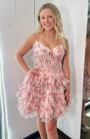 A-Line Sweetheart Spaghetti Straps Short Tulle Pink Floral Homecoming Dress with Tiered Ruffles