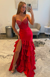 Sheath Sweetheart High-Low Satin Prom Dress in Red with Beaded Bodice and Tiered Ruffle Skirt
