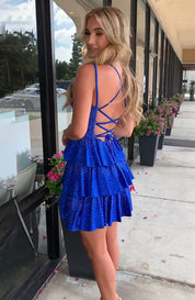 A-Line Deep V Neck Short/Mini Light Blue Tiered Homecoming Dress with Ruffle Skirt