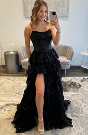 A-Line Sweetheart High-Low Lace Prom Dress in Black with Tiered Skirt and Corset Bodice
