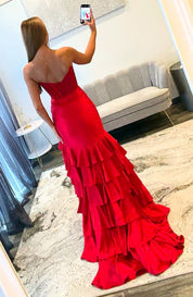 Mermaid Sweetheart Neck Floor-Length Red Satin Prom Dress with Beaded Bodice and Ruffled Slit