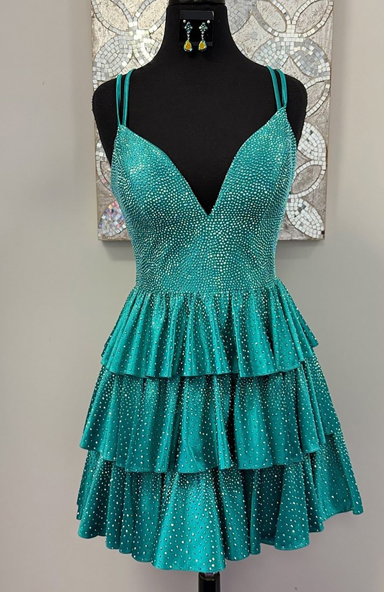 A-Line Deep V Neck Short/Mini Light Blue Tiered Homecoming Dress with Ruffle Skirt