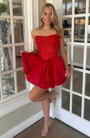 A-Line Strapless Short/Mini Satin Red Homecoming Dress with Beaded Corset Bodice