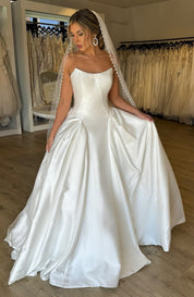 Ball Gown Scoop Neck Floor-Length Satin Prom Dress with Clean Pleated Skirt