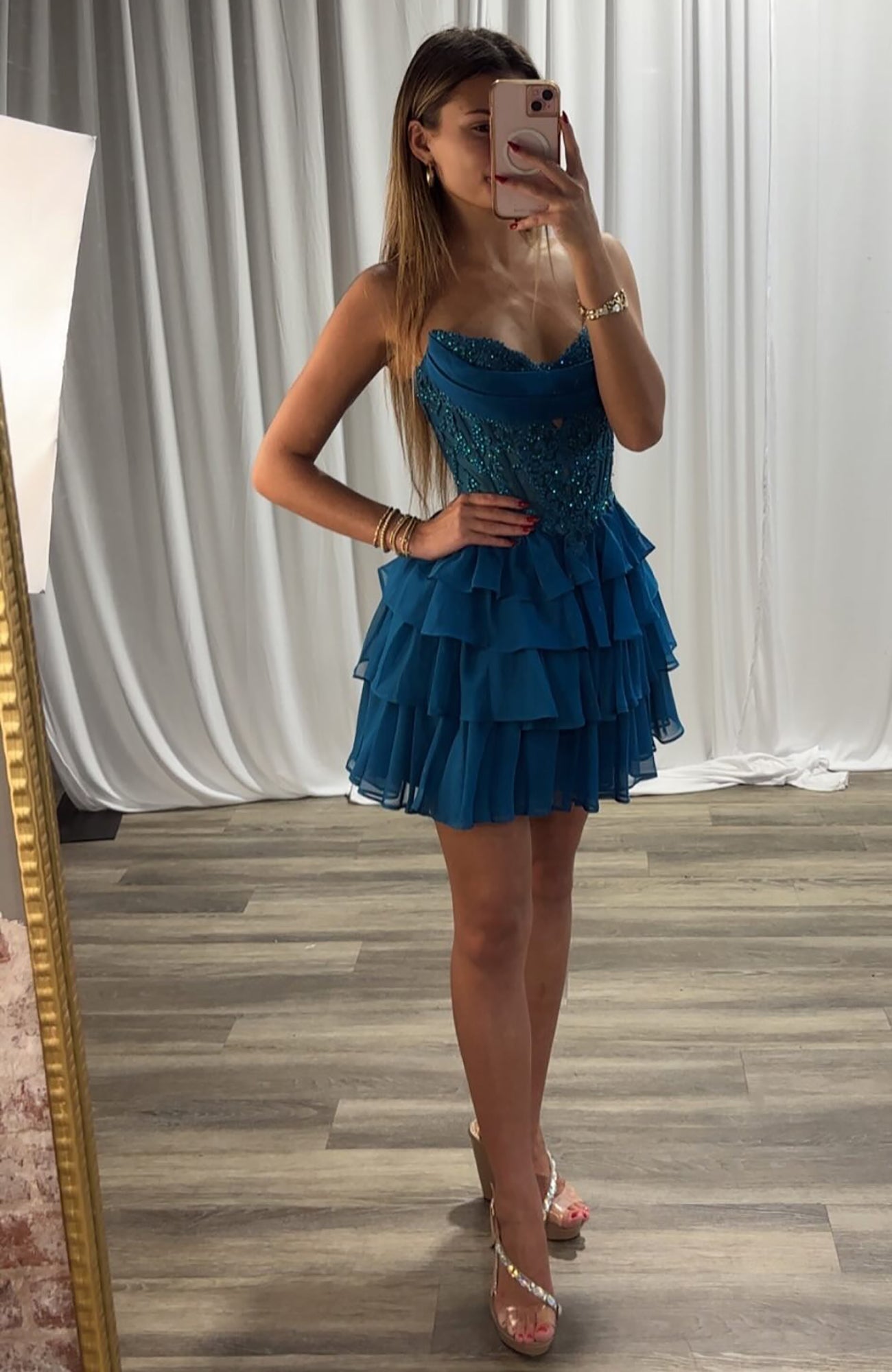 A-Line Sweetheart Neck Short/Mini Chiffon Blue Tiered Ruffle Homecoming Dress