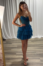 A-Line Sweetheart Neck Short/Mini Chiffon Blue Tiered Ruffle Homecoming Dress