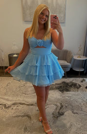 A-Line Sweetheart Neck Short/Mini Chiffon Light Blue Tiered Ruffle Prom Dress