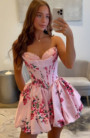 A-Line Sweetheart Neck Short/Mini Pink Floral Satin Homecoming Dress with Corset Bodice